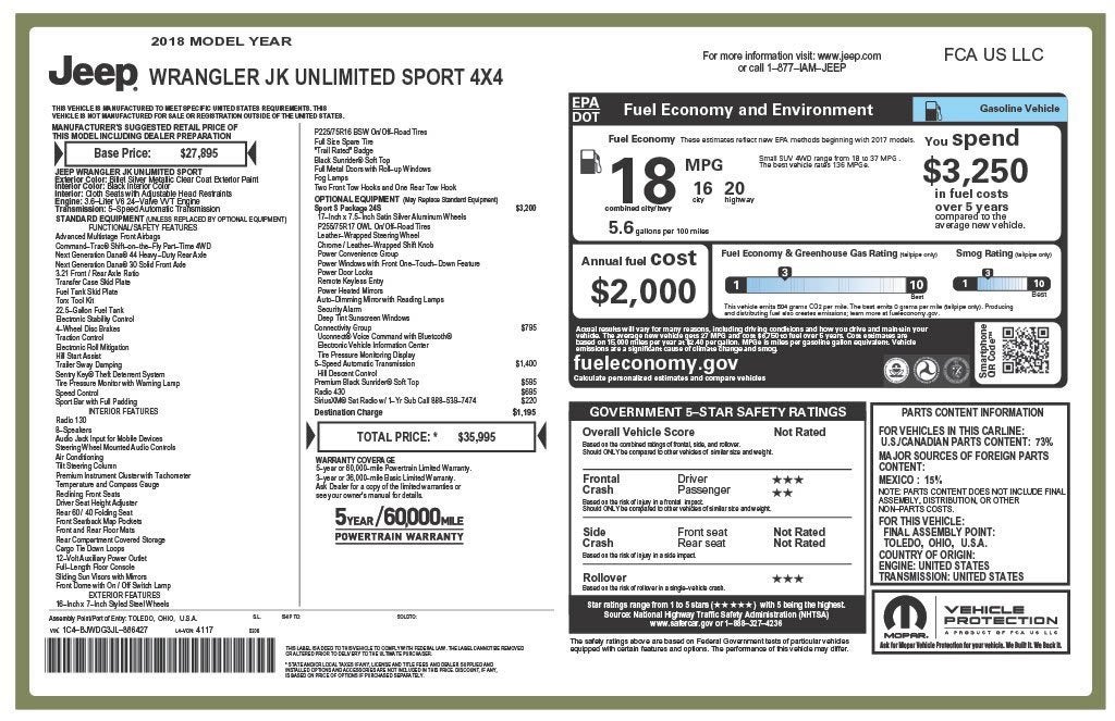 2018 Jeep Wrangler JK Unlimited Sport S