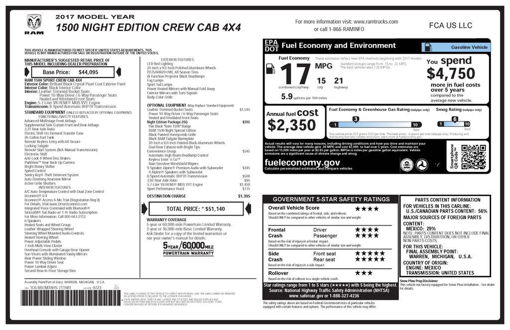 2017 RAM 1500 Night Crew Cab 4x4 5'7" Box