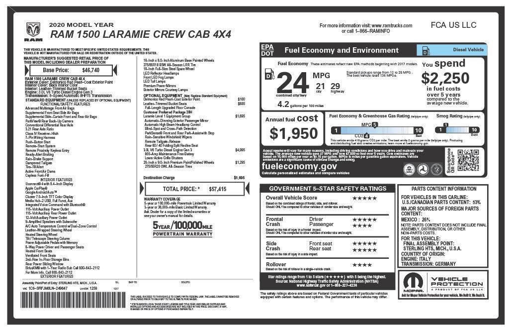 2020 RAM 1500 Laramie Crew Cab 4x4 5'7" Box