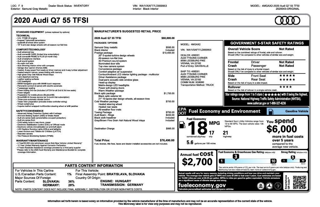 2020 Audi Q7 Prestige 55 TFSI quattro Tiptronic