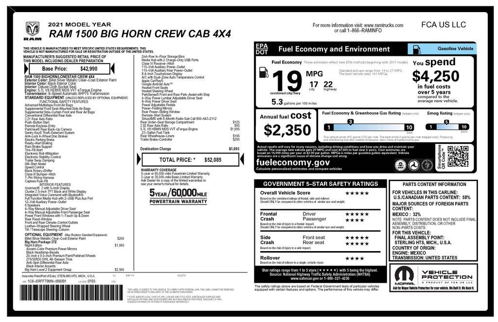 2021 RAM 1500 Big Horn Crew Cab 4x4 5'7" Box