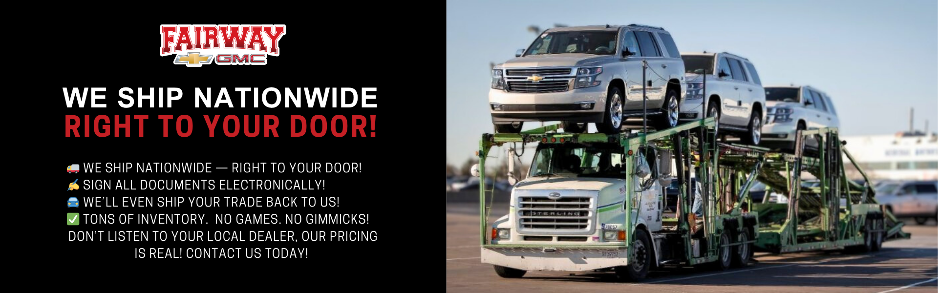 Fairway Chevrolet GMC website banner promoting nationwide ve