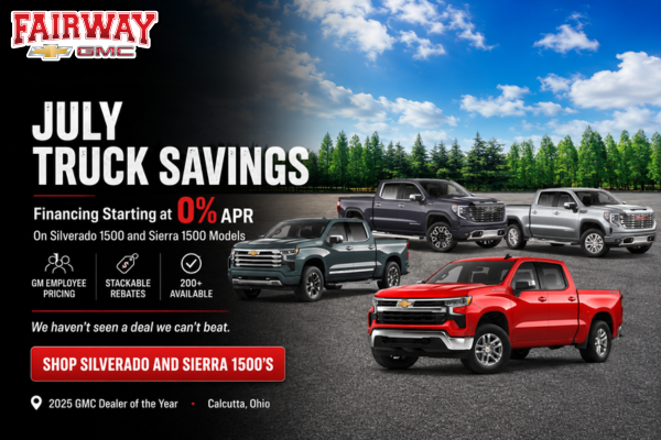 Fairway Chevrolet GMC July Truck Savings banner featuring Ch
