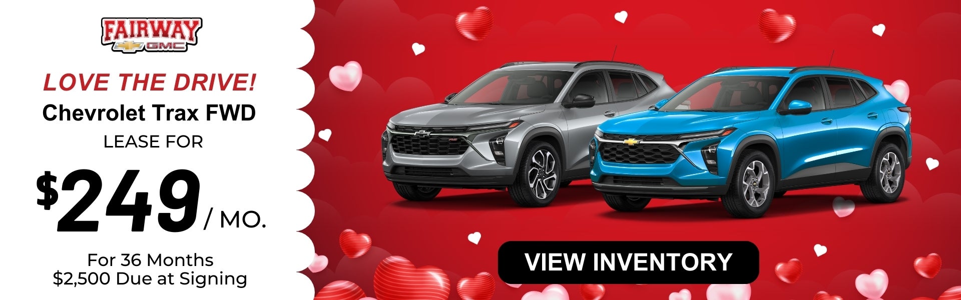 Red promotional banner showing two Chevrolet Trax compact SU