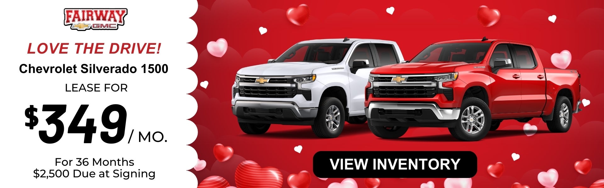 Valentine-themed banner featuring two Chevrolet Silverado 15
