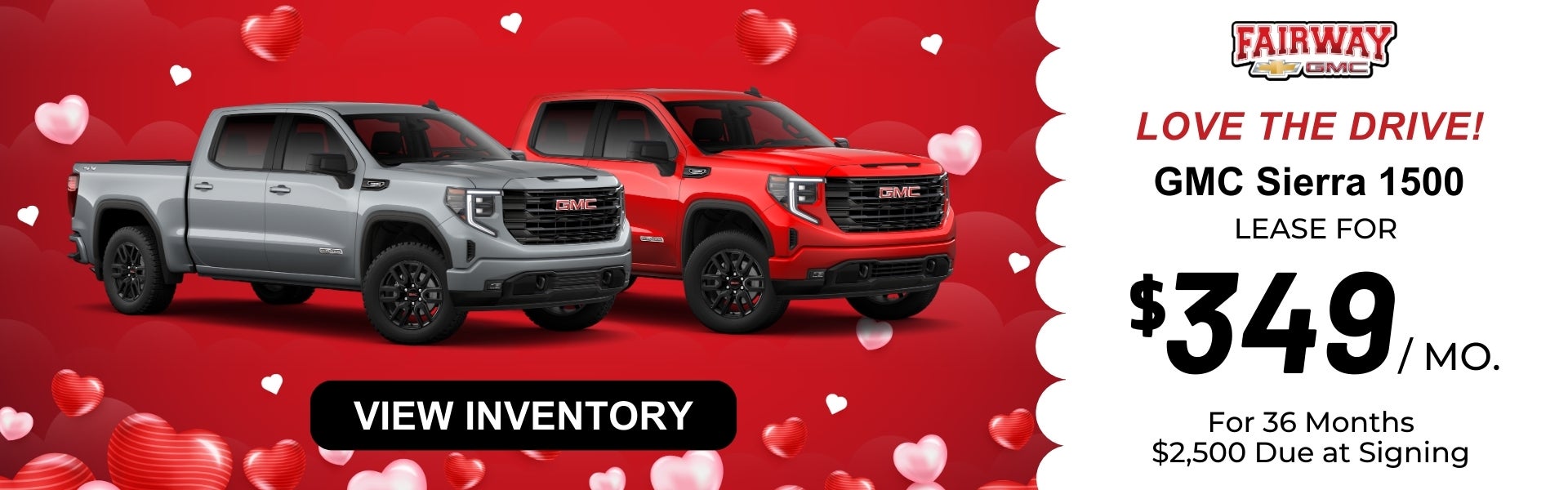 Red “Love the Drive” banner showing two GMC Sierra 1500 pick