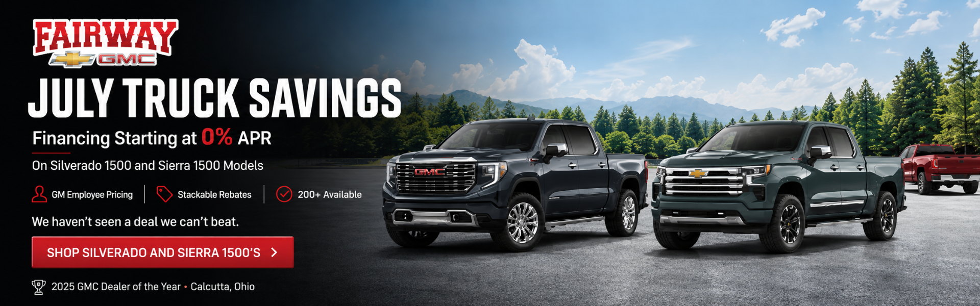 Fairway Chevrolet GMC July Truck Savings banner featuring Ch
